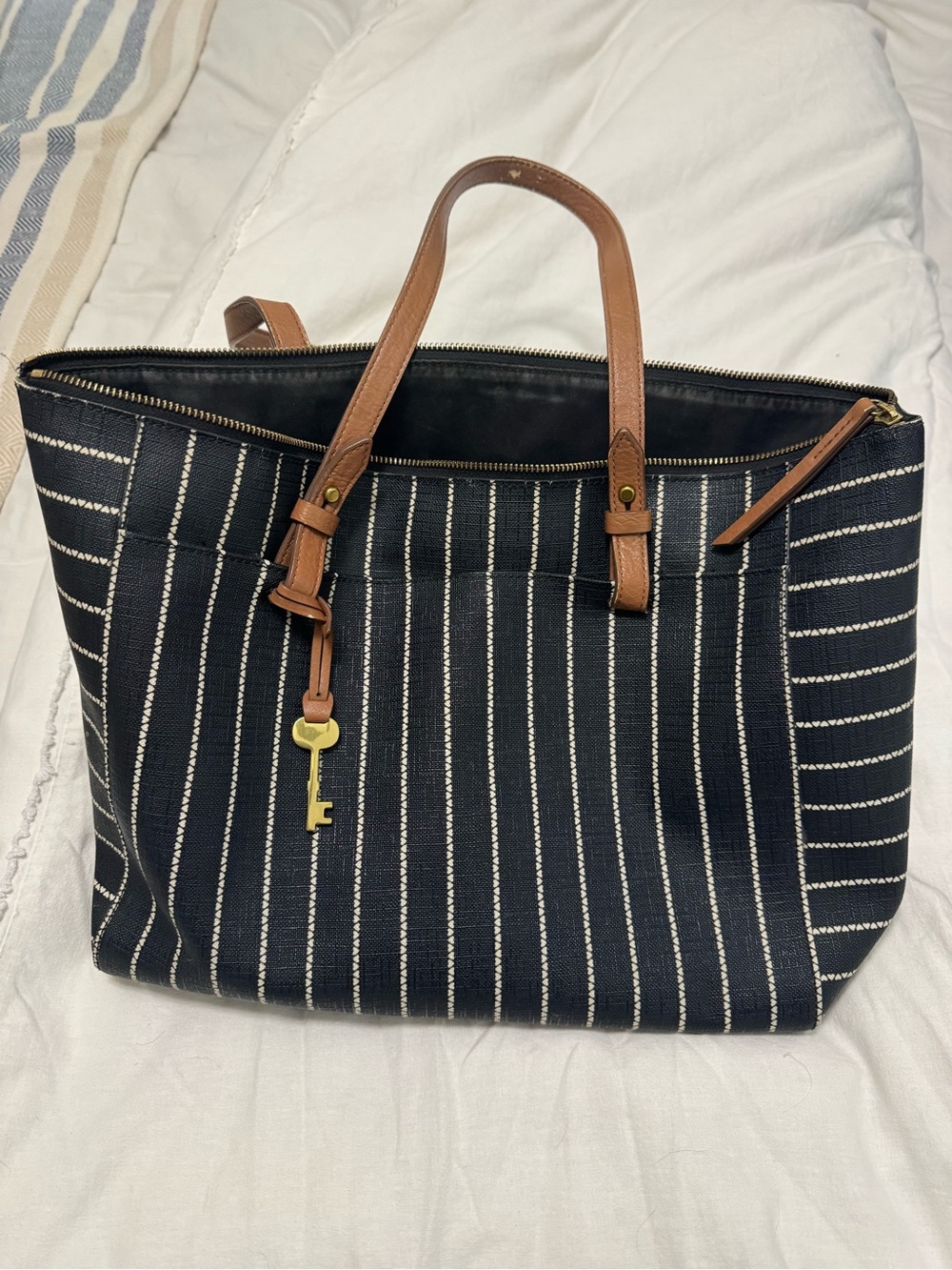 Fossil Black and White Striped Tote with Brown Leather Handles